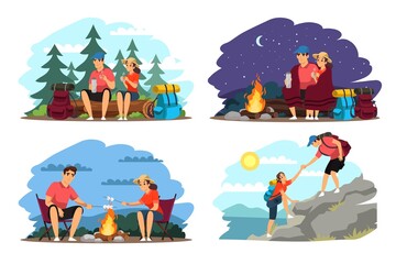 Couple camping illustration set. Man and woman traveling in mountains and forest with backpacks. Tourist outdoor scenes vector. Sitting together, climbing, cooking sweet food on fire