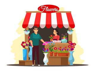 Woman seller sells flower bouquet in street shop. Buyer buys flowers. Seasonal outdoor local farm market. Vector concept of retail business, small business, private enterprise, healthy food.