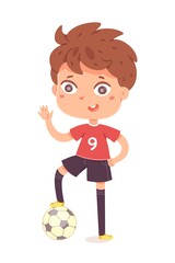 Boy standing and waving with ball under foot at football practice. Happy little kid playing sport in uniform vector illustration. Smiling child with ball on floor on white background
