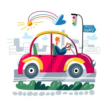 Man driving car on road. Business person riding vehicle. Transportation and travel in modern city vector illustration. Side view, background with buildings and sky with clouds