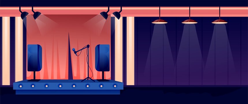 Night bar or pub background. Counter, stools, stage with microphone in spotlight. Horizontal panorama vector illustration. Modern interior design