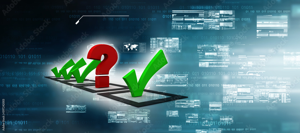 Poster 3d rendering question mark with checklist