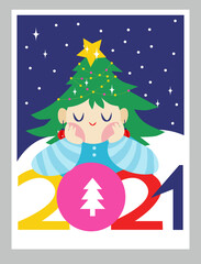Obraz na płótnie Canvas Christmas greeting or invitation card. Cute girl in christmas costume. New year. 2021. Lettering 2021. Banner, poster template. Flat design.