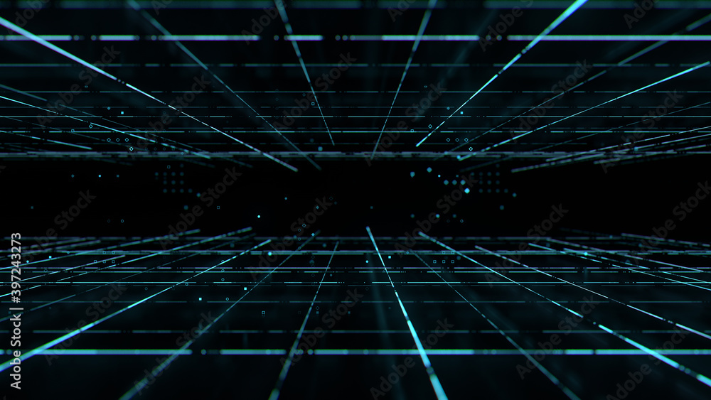 Poster 3d render of dark tech background with lines. abstract cyberspace. virtual space with grid patterns.