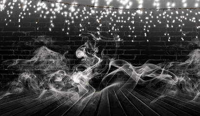 Light garland on a dark brick wall. Reflection of lights on the asphalt. Neon light, smoke, smog. 3d illustration