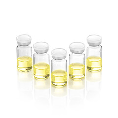 Medical clear glass vial for vaccination. Medicine bottle for injection isolated on white background.