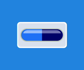 Capsule pill isolated on blue background. Vector illustration of a realistic mockup of the pharmaceutical capsule, medical tablet. Closed in light and dark blue glass or plastic cylinder.