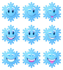 Snowflake characters set. Cartoon style, smiling faces, positive emotions. On white background.