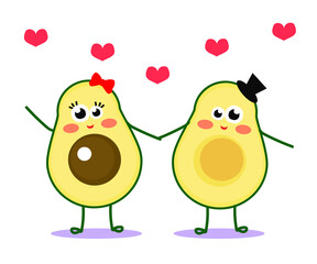Two halves of an avocado together on a white background. Cartoon. Vector illustration.