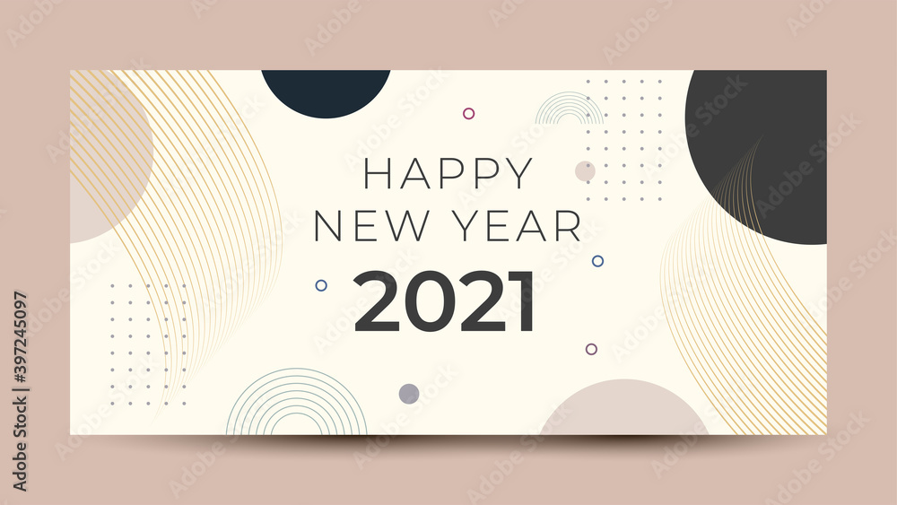 Poster happy new year 2021 banner with modern geometric abstract white background in pastel color . happy n