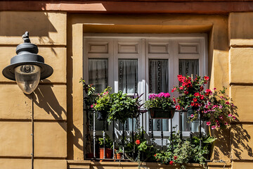 Fototapeta na wymiar Fragments of the facades of traditional Andalusian houses. Malaga, Costa del Sol, Andalusia, Spain.
