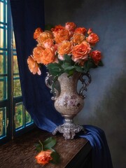 Still life with splendid bouquet of  orange roses