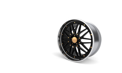 Aluminum imaging wheel 3D high quality rendering. White picture curly alloy rim for car. 3d rendering.