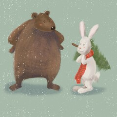 Cute Christmas illustration with bear, hare and Christmas tree