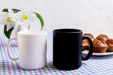 Black and white mug mockup with chocolate muffins