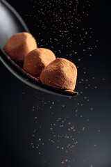 Chocolate candy truffle and flying cocoa powder on a dark background.