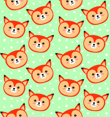 Vector seamless pattern of flat cartoon doodle fox face isolated on mint green background