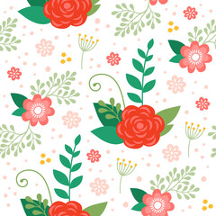 Vector Floral Pattern with Flowers and Leaves. Colorful Spring Floral Background