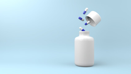 Jar of pills on a blue background. Antibiotics against viruses. Vitamins 3d rendering.
