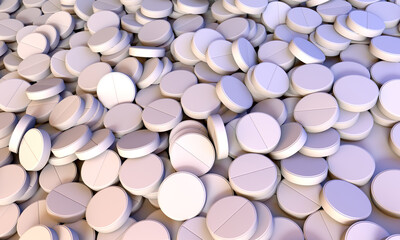 Obraz na płótnie Canvas White pills. Medicine pills on background. Top view on pills The cure for the virus. Pills with Vitamins or Bio Supplements. 3d illustration.