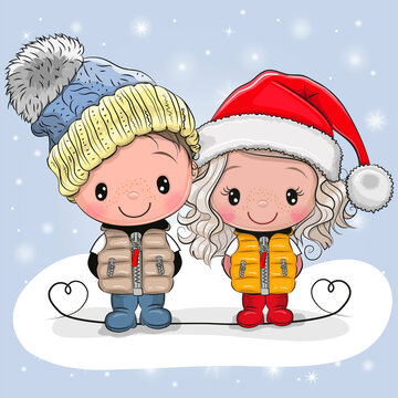 Cute Boy and Girl in hats and coats