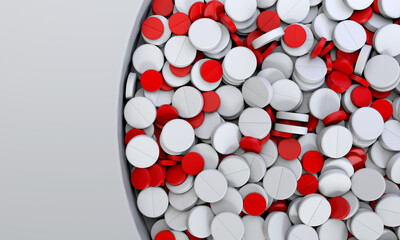 Red and white pills. Medicine pills on background. Top view on pills The cure for the virus. Pills with Vitamins or Bio Supplements. 3d illustration.
