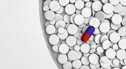White pills. Medicine pills on background. Top view on pills The cure for the virus. Pills with Vitamins or Bio Supplements. 3d illustration.