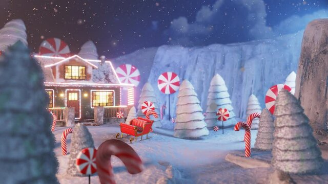 Animated christmas wish card background with lollipop and snowy trees, falling snow on bright house in the night. Greeting image, motion decoration, rendering xmas banner. 3D render animation