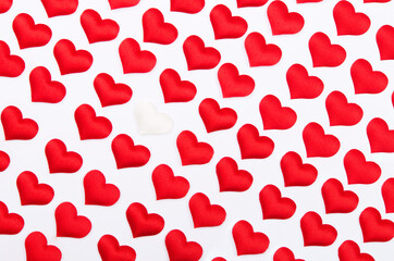 Red hearts isolated on white background. Top view