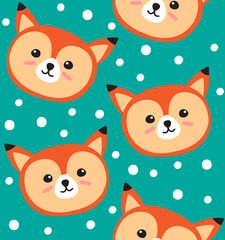 Vector seamless pattern of flat cartoon doodle fox face isolated on green background