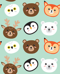 Vector seamless pattern of flat cartoon doodle wild animal face isolated on mint green background