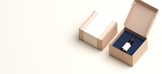 Mock-up Template for cosmetic branding identity. Cosmetic bottle and blank beige cardboard box on off white background. 3d rendering illustration. Clipping path of each element included.