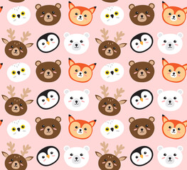 Vector seamless pattern of flat cartoon doodle wild animal face isolated on pink background