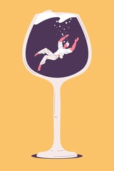 Man sinks in a wine glass. Alcoholic and heavy drinking concept illustration isolated on yellow background
