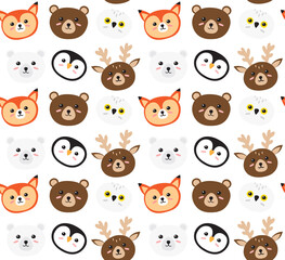 Vector seamless pattern of flat cartoon doodle wild animal face isolated on white background