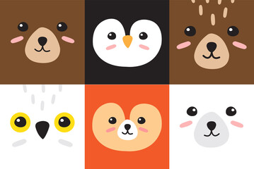 Vector set bundle of flat cartoon doodle wild animal face