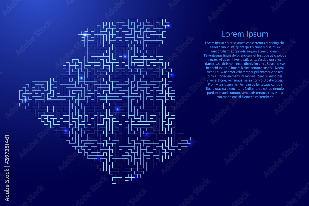Poster algeria map from blue pattern of the maze grid and glowing space stars grid. vector illustration.