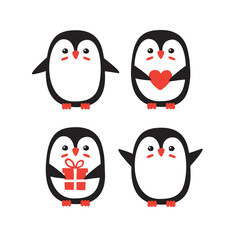Vector set of hand drawn doodle flat cartoon penguin isolated on white background