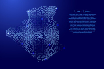 Algeria map from blue pattern of the maze grid and glowing space stars grid. Vector illustration.