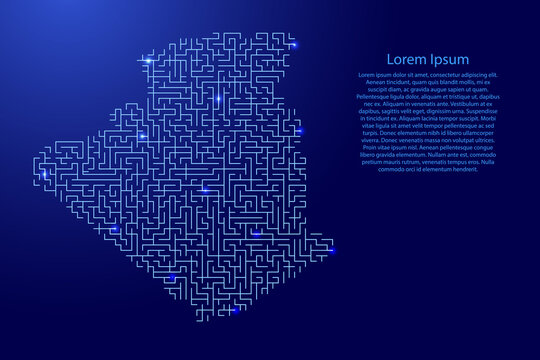 Algeria map from blue pattern of the maze grid and glowing space stars grid. Vector illustration.