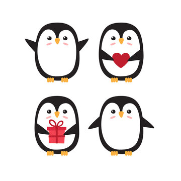 Vector set bundle of colored hand drawn doodle flat cartoon penguin isolated on white background