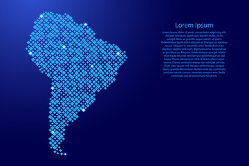 South America mainland map from blue pattern rhombuses of different sizes and glowing space stars grid. Vector illustration.