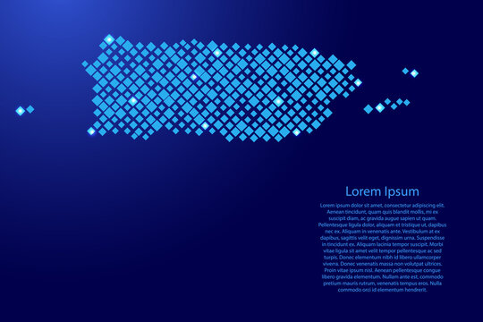 Puerto Rico map from blue pattern rhombuses of different sizes and glowing space stars grid. Vector illustration.
