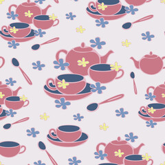 Vector seamless pattern of tea service decorated with flowers on light pink background. Design for teas shop or cafe.