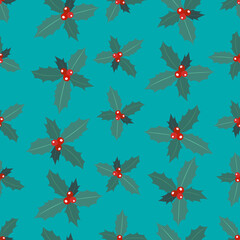 Seamless pattern of branches of Christmas holly with berries on a blue background. 