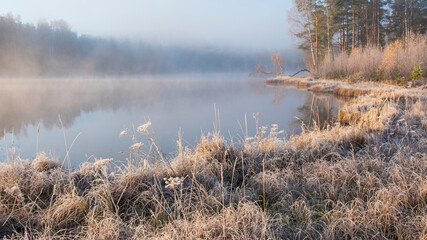 landscape with First frost on a forest blue misty lake with a beautiful birch on the shore, autumn landscape in bright morning