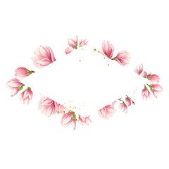 Watercolor pink magnolia flower diamond frame on white background. Watercolour illustration.