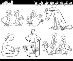 cartoon farm animals set coloring book page