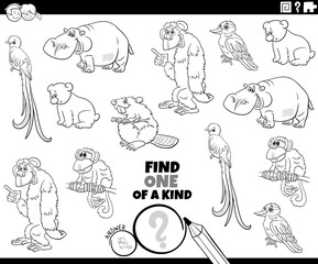 one of a kind task with cartoon animals coloring book page