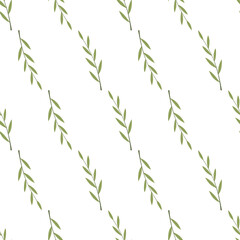 Fototapeta na wymiar Green leaf branch seamless pattern for decoration design. Tropical nature. Vector drawing. Fantasy backdrop. Botanical art.